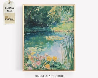 Landscape Printable Art | Impressionist Spring Wall Decor | Cottagecore Botanical Artwork | Water Lily Pond Painting