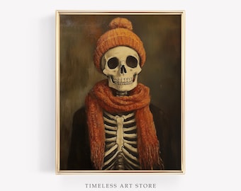 Cozy Skeleton Halloween Wall Art | Funny Skeleton in Winter Hat | Retro Halloween Print | Skeleton Decor for Fall | Digital Download