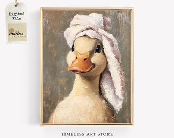Charming Duck with Towel Portrait | Funny Bathroom Art | Unique and Playful Bathroom Wall Art | Quirky Animal Painting for Home Decor