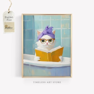 Cute Cat In Bath Reading | Funny Bathroom Wall Art | Vintage Style Bathroom Decor | Quirky Cat Digital Download | Charming Bathroom Sign