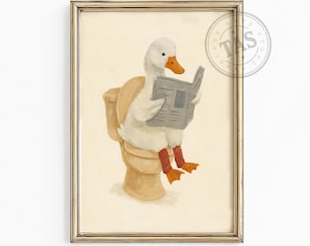 Stampa digitale con anatra per il bagno della cameretta / Divertente decorazione murale per il bagno dei bambini / Anatra stravagante che legge sul water / Decorazione per il bagno in stile rustico - Download digitale