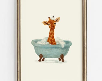 Funny Giraffe in Bathtub Art: Kids Bathroom Wall Art, Dorm Decor, Cute Animal Poster (Digital Download)