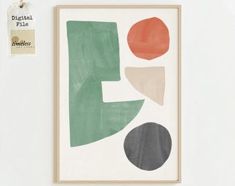 May include: Abstract art print featuring a green, orange, beige, and gray geometric design. The print has a textured, hand-painted look.