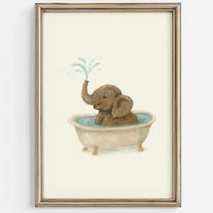 Söt elefant i badkarskonst: Väggkonst för barnbadrum, barnrumsdekor, rolig djurposter (digital nedladdning)