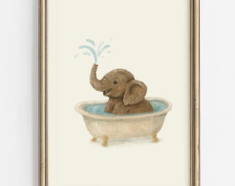 Cute Elephant in Bathtub Art: Kids Bathroom Wall Art, Nursery Decor, Funny Animal Poster (Digital Download)
