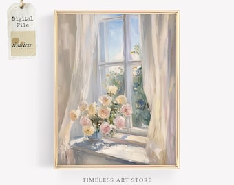 Lámina artística de naturaleza muerta con ventana floral / Impresionista romántico (Descarga digital)