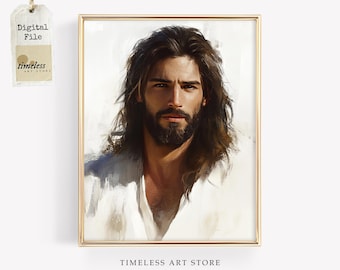 Jesus Portrait Wall Art | Christian Digital Download | Catholic Bible Art | LDS Jesus Painting | Christ Watercolor | Religious Home Decor