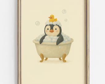 Penguin Bubble Bath Wall Art | Cute Bathroom Animal Printable | Kids Bathroom Decor | Nursery Bathtime Digital Download | Guest Bath Poster