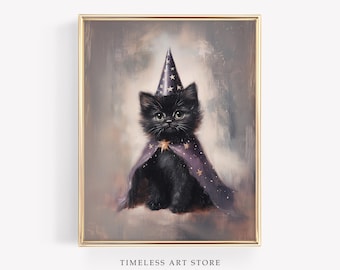 Halloween Wall Art | Halloween Black Cat Print | Vintage Style Halloween Painting | Halloween Witchy Art | Funny, Cute Halloween Printable