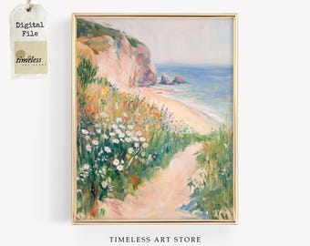 Coastal Wildflower Wall Art | Impressionist Beach Path Painting | Vintage Style Summer Seascape | Cottagecore Ocean Landscape
