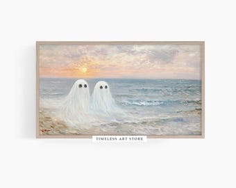 Geist Halloween Strand Ölgemälde: Spooky TV Art Bild (Digitaler Download)