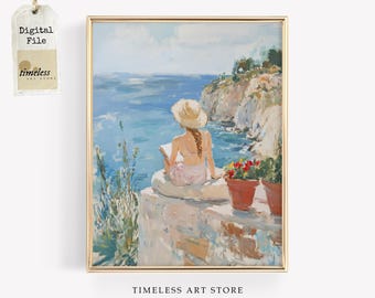 Woman Reading by the Sea Art Print | Mediterranean Coastal Decor (Digital Download)