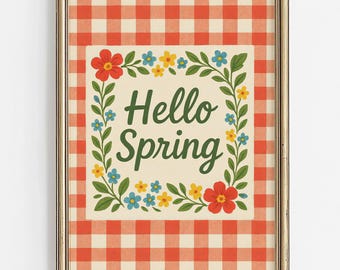 Hello Spring Digital Download | Coquette Wall Art | Colorful Gingham Spring Decor | Retro Spring Printable | Maximalist Nursery Sign