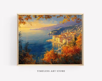 European Autumn Lake Landscape | Fall Home Decor | Autumn Painting of French Riviera | Rustic Fall Decor | Cozy Town Print