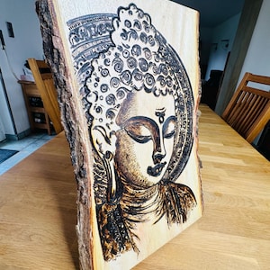 Handgemachtes Buddha-Bild - Wand/Haus Dekoration  auf natürlichem Holzbrett