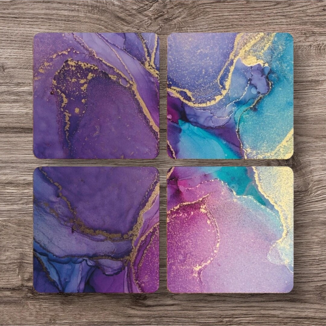Pack of 4 Square Coasters | “amethyst Swirl” | Alcohol Ink Coasters ...