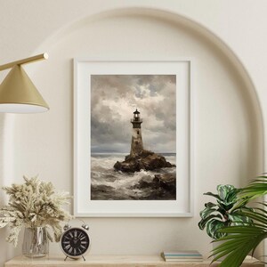 Vintage Lighthouse Wall Art Print | Coastal Seascape Watercolor Painting | Nautical Home Decor | Ocean Storm Art | Instant Download