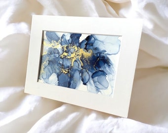 Original Mini Paintings | Alcohol Ink Art | Abstract Fluid Art | Floral | Navy Gold | Metallics | gifts under 20 | Mother’s Day