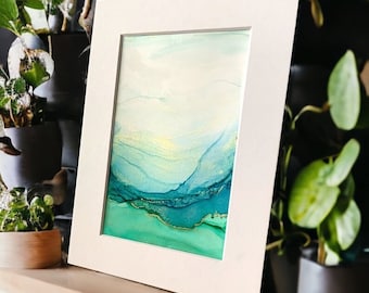 Original Mini Paintings | Alcohol Ink Art | Abstract Nature | Fluid Art | Ethereal Seascape | Gold Blue Green | gifts under 20