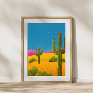 Kaktus Wüstenlandschaft | Original Kunstdruck | Moderne lustige Wandkunst | A4 Druck | Helle Wohnkultur
