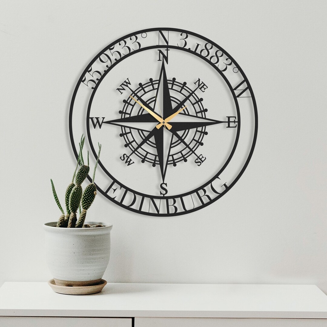 Personalized Compass Wall Clock Unique, Custom Coordinates Wall Clock
