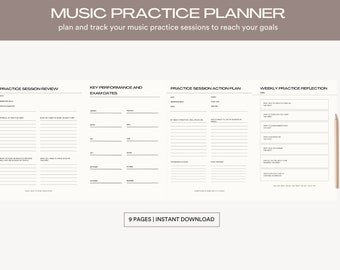 May include: A black and white printable planner with the title "MUSIC PRACTICE PLANNER" and the text "plan and track your music practice sessions to reach your goals". The planner is divided into four sections: "PRACTICE SESSION REVIEW", "KEY PERFORMANCE AND EXAM DATES", "PRACTICE SESSION ACTION PLAN", and "WEEKLY PRACTICE REFLECTION".