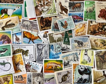 50 postzegels met afbeeldingen van dieren van over de hele wereld, om te verzamelen of te knutselen.
