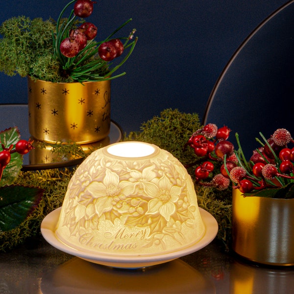 Porcelain Dome Shaped Candle Holder, Merry Christmas Design, Christmas Gift, Tealight Holder