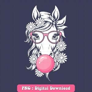 Stylish Horse with Glasses and Bubblegum | PNG Digital Download for T-Shirt, Gift