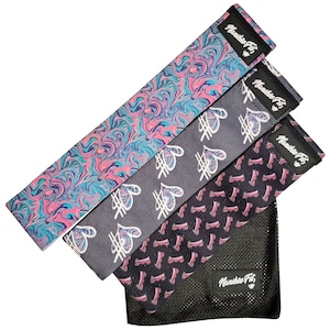 May include: Set of three resistance bands with different patterns, including a pink and blue swirl, a black and white heart pattern, and a black and pink stripe pattern. The bands are packaged in a black mesh bag with the brand name "Nankee Fit" printed on it.