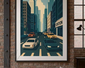 Retro City Avenue Print – Modern Urban Architecture (Digital Download)