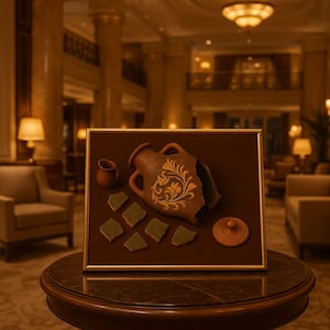May include: A framed artwork featuring a broken brown vase with a gold floral design, a small brown pot, green fragments, and a lid. The artwork is displayed on a dark brown surface.