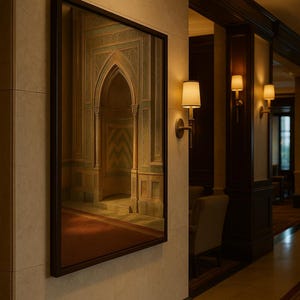 May include: A framed artwork depicting an arched doorway with intricate architectural details in shades of green, beige, and brown. The artwork hangs on a beige wall in a well-lit hallway, with sconce lighting and a glimpse of a seating area.