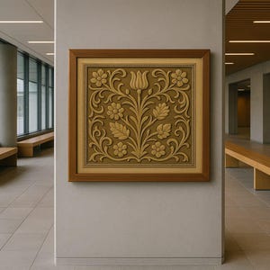 Puede incluir: Un marco cuadrado en relieve con un diseño floral, que incluye un tulipán central y flores y hojas simétricas. La obra de arte tiene un tono marrón dorado cálido y está enmarcada en madera.