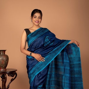 Hand Block Printed Mulberry Silk Saree: Navy Blue Kolka Design