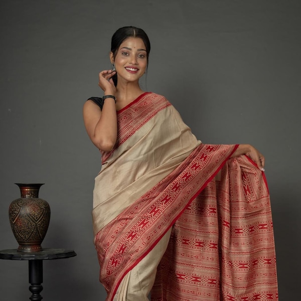 Special Durgapujo Collection | Off White and Red Silk Saree| Saree with Blouse Piece