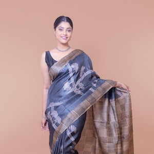 Handwoven Tussar Silk Saree: Coffee Brown Block Print, Silk Mark Certified