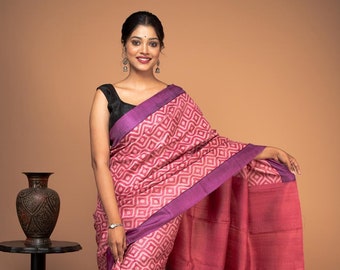 Latest Magenta Saree for Party | Hand Block Printed Tussar Saree with Blouse Piece| Silk Mark Certified