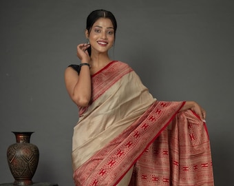 Special Durgapujo Collection | Off White and Red Silk Saree| Saree with Blouse Piece