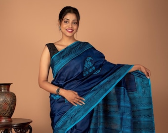 Hand Block Printed Mulberry Silk Saree: Navy Blue Kolka Design