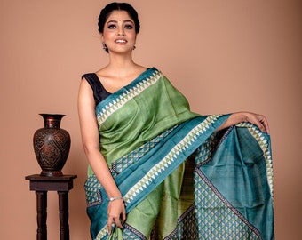 Pure Tussar Silk saree hand block printed in geometric texture | Green saree with blouse | Silk mark certified