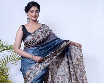 Steel Grey Saree with Mughal Jaal Block Prints | Traditional Style Tussar Silk Saree with Blouse Piece