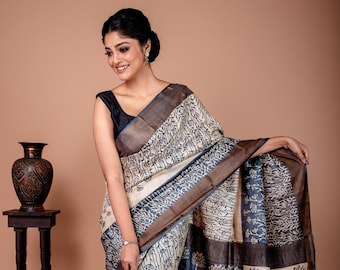 Copper Zari Saree in Slate Black and White combination | Pure Gachi Tussar Saree with Blouse piece