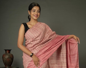 Peach and white  Tussar Silk Saree | Elegant Saree for Farewell Occasion | Silk Mark Certified