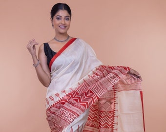 Handloom Silk Saree with Blouse piece in red and white colour combination | Puja special saree | Soft silk