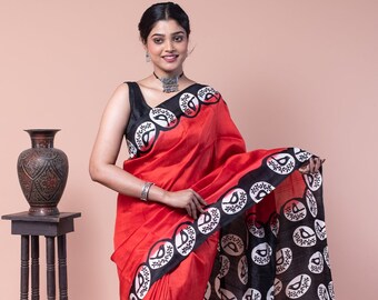 Black and red silk saree for women of all ages