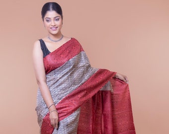 Red and Beige Tasar Silk Saree | Hand Block Print Saree with Blouse Piece | Silk Mark Certified