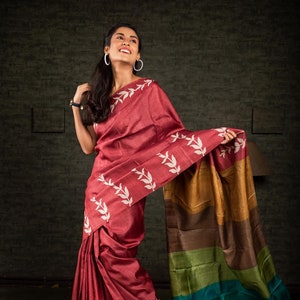 Crimson Red Tussar Silk Saree | Multicolour Aanchal Design | Handcrafted with Love