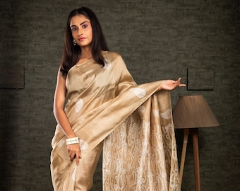 Beige Mulberry Silk Saree: Hand Block Printed Kalka Motifs