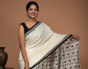 Handwoven Mulberry Silk Saree: White & Black Madhubani Print